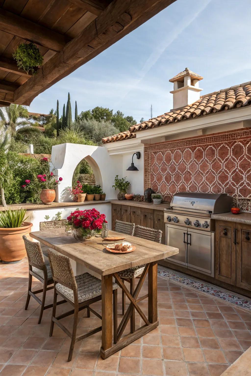Terracotta tiles bring a warm and cozy Mediterranean sensation to outdoor cooking spaces.