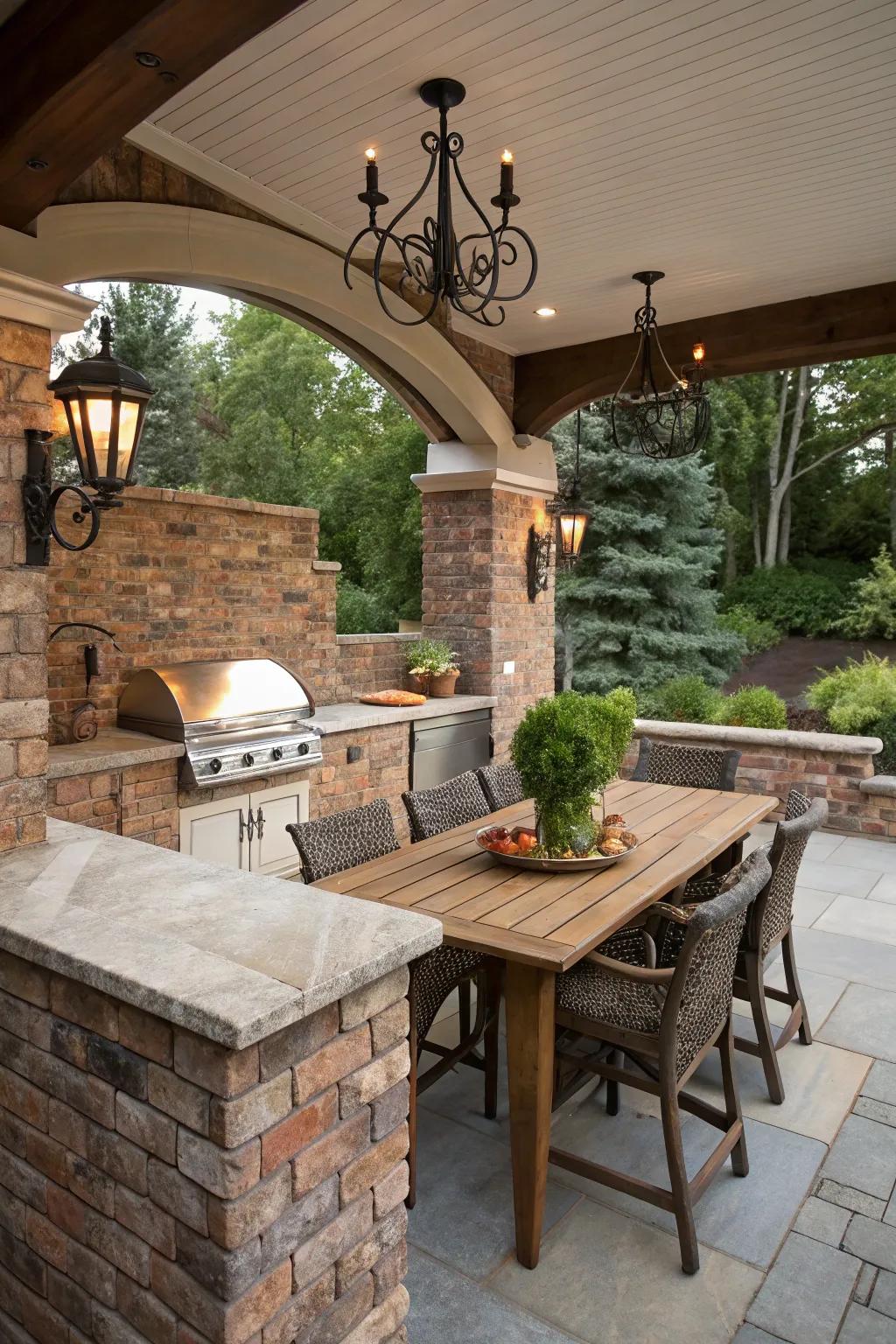 Wall mounts add an artistic flair to open-air kitchens.