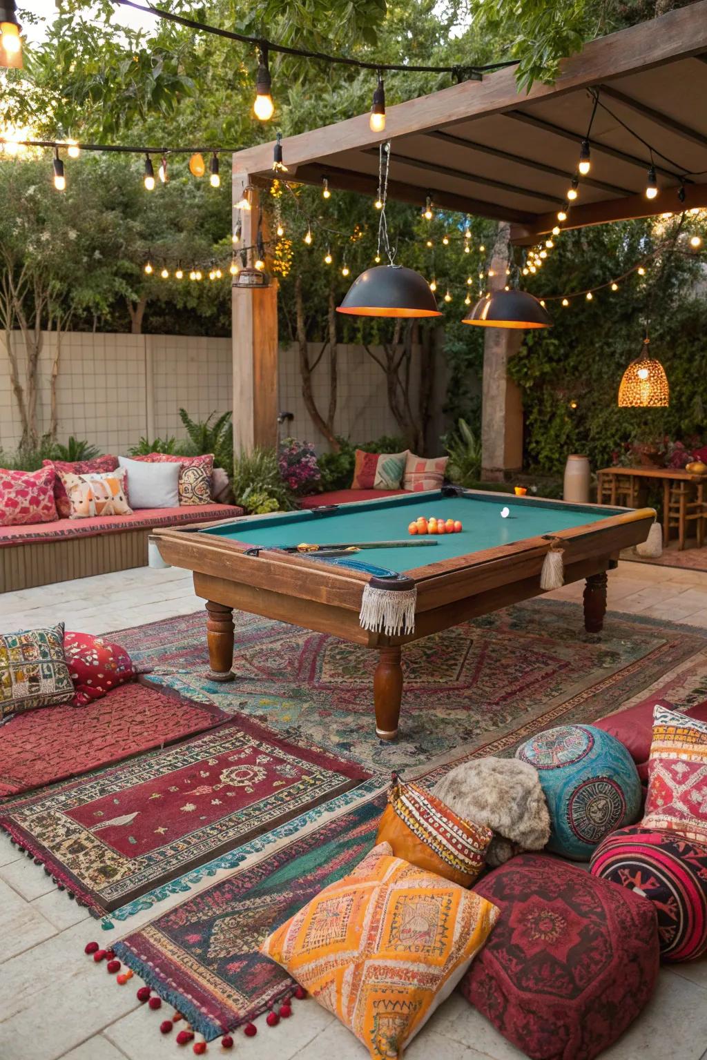A bohemian-style pool table area with unique and colorful decor.