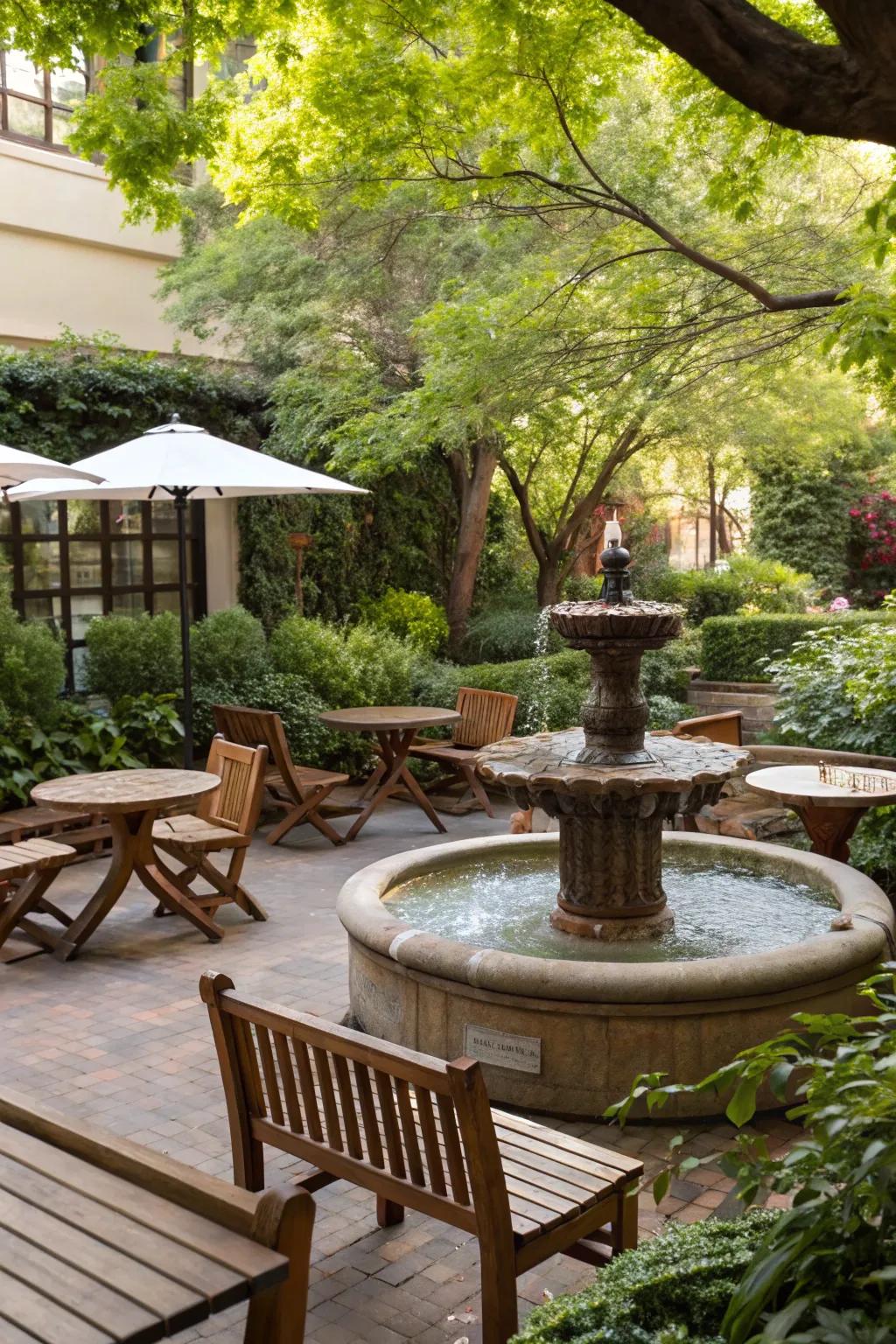 Water features bring a calming element to your outdoor seating space.