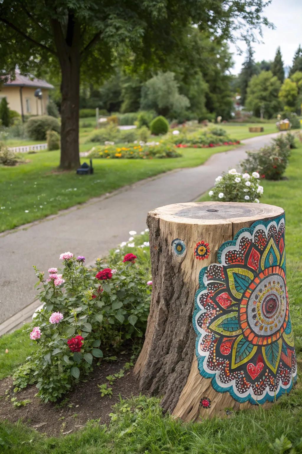 A painted tree stump becomes a personalized, artistic addition to the garden.