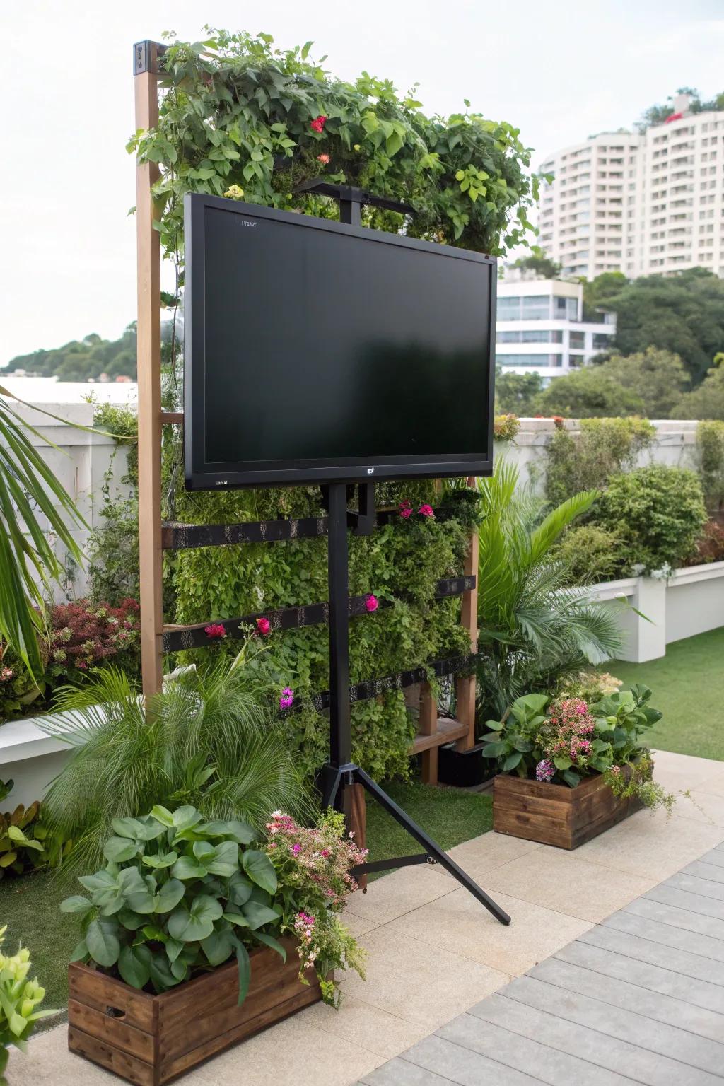 A vertical vegetation adds lush greenery and elevates your outdoor TV area.