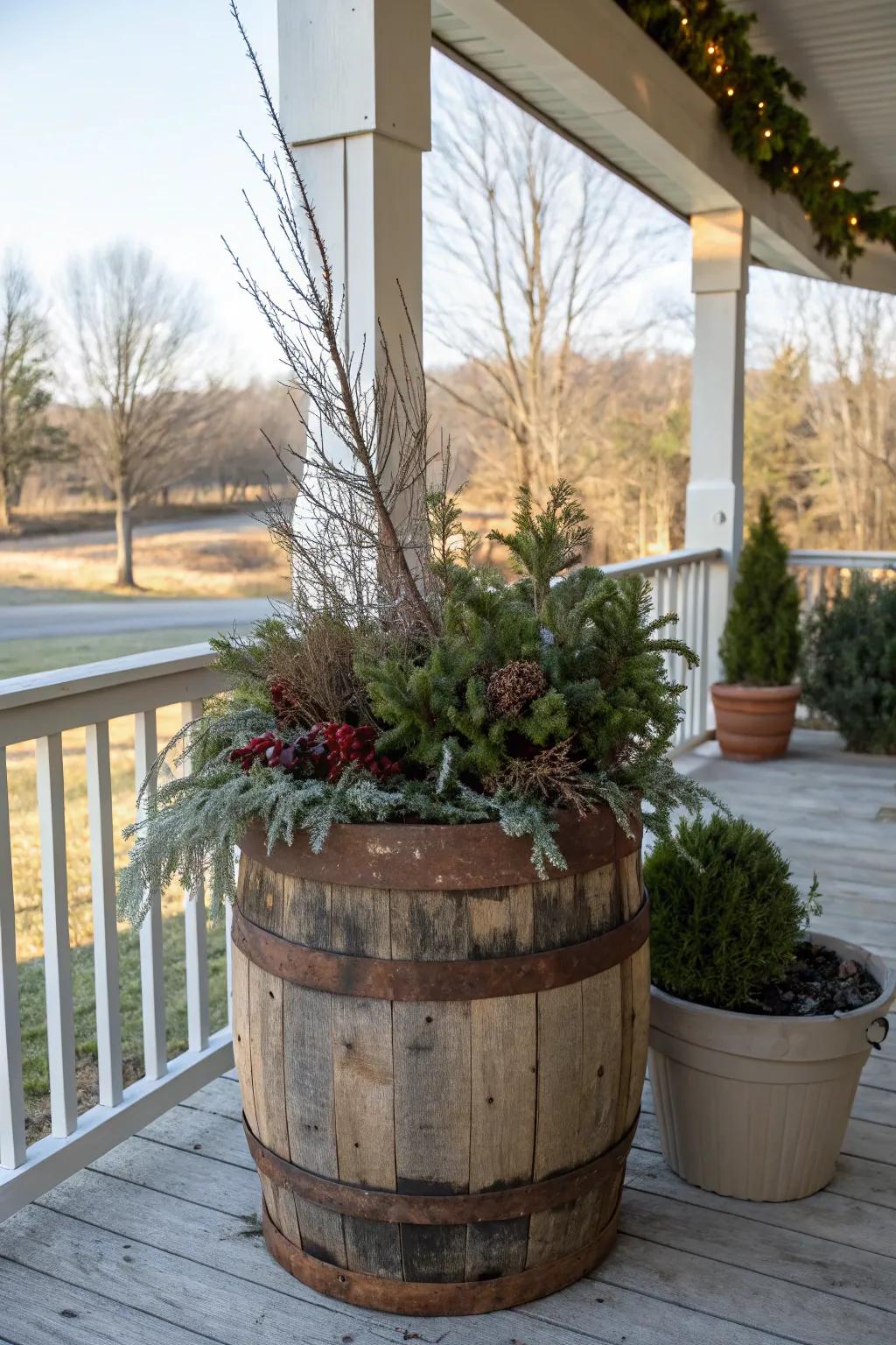 Country containers add warmth and charm to winter displays.