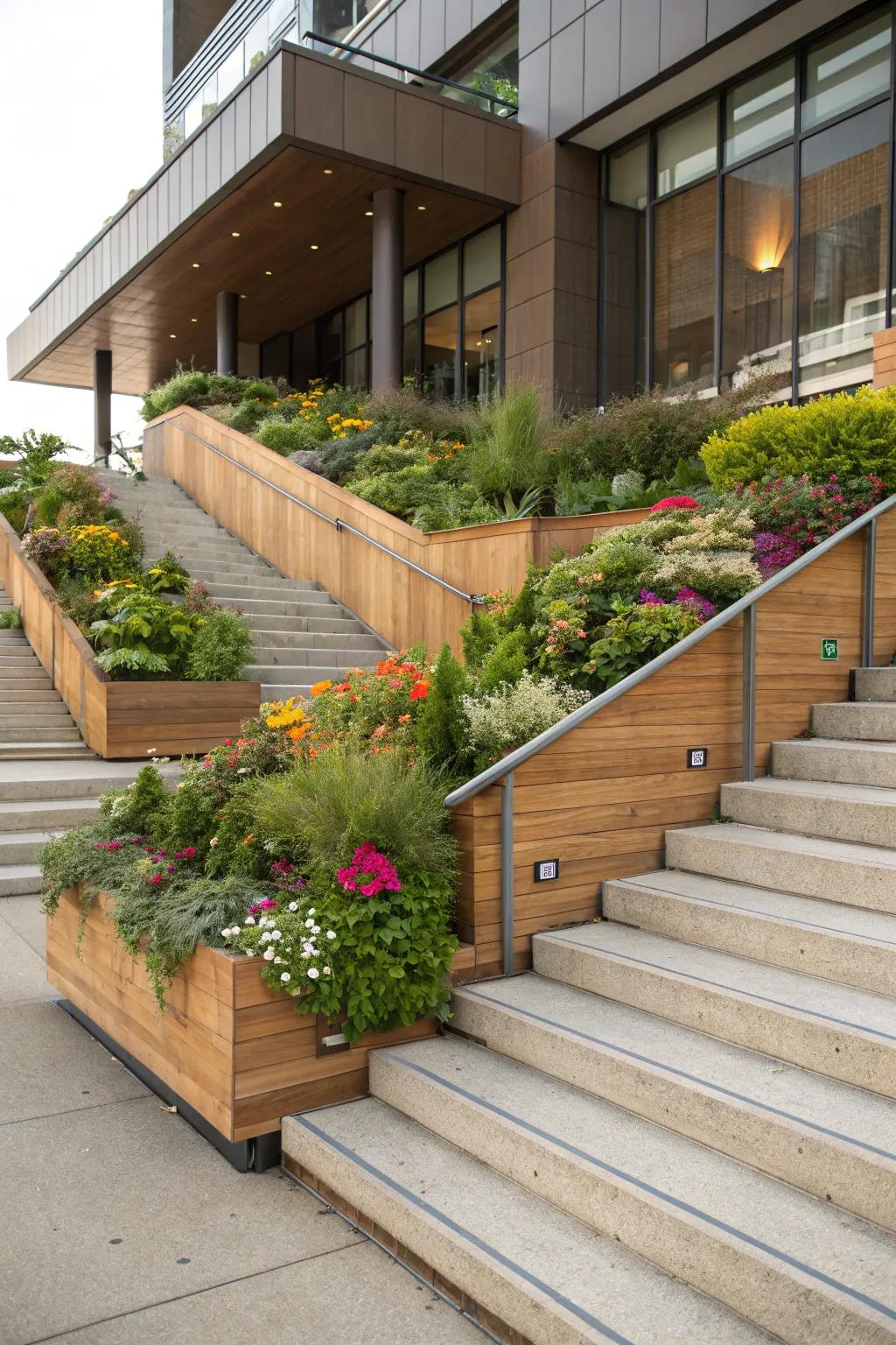 Eco-friendly steps with integrated planters for a natural touch.