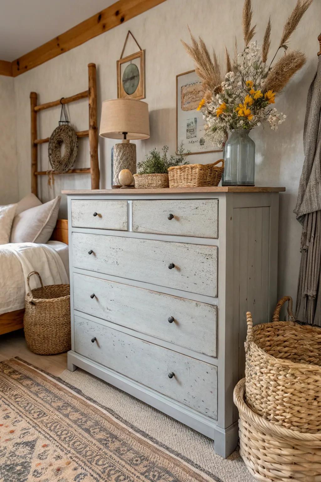 A distressed gray dresser adds rustic charm and character.