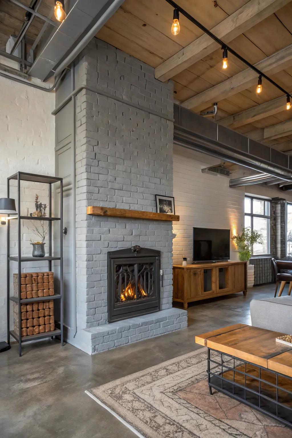 A gray fireplace creates an industrial vibe.