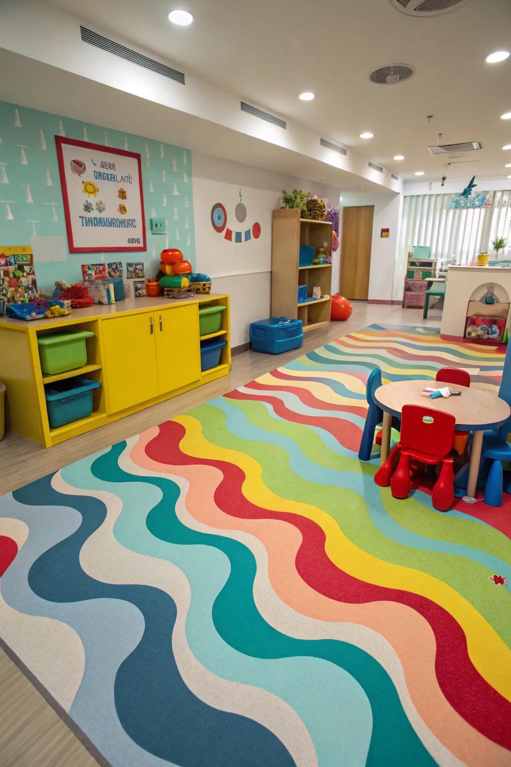 A play room with whimsical wave-patterned painted floorings, adding an enjoyable and energetic ambiance.
