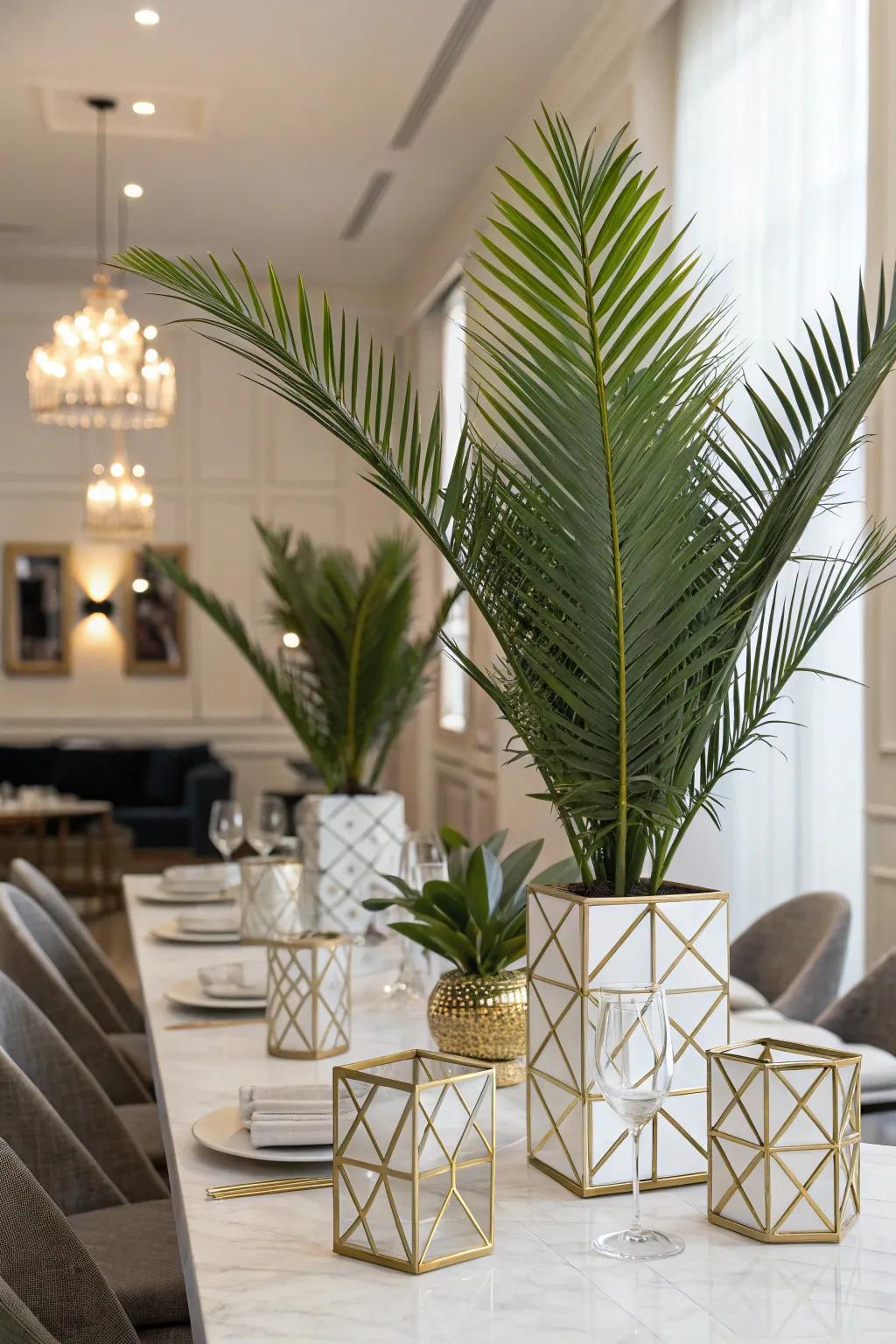 Geometric vases add a modern twist to palm centerpieces.