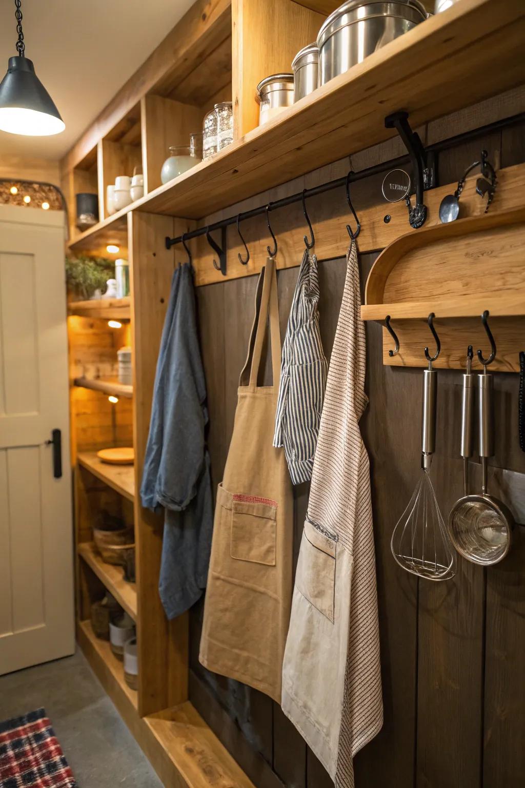 Pantry hooks provide extra storage for hanging items and maximize space.