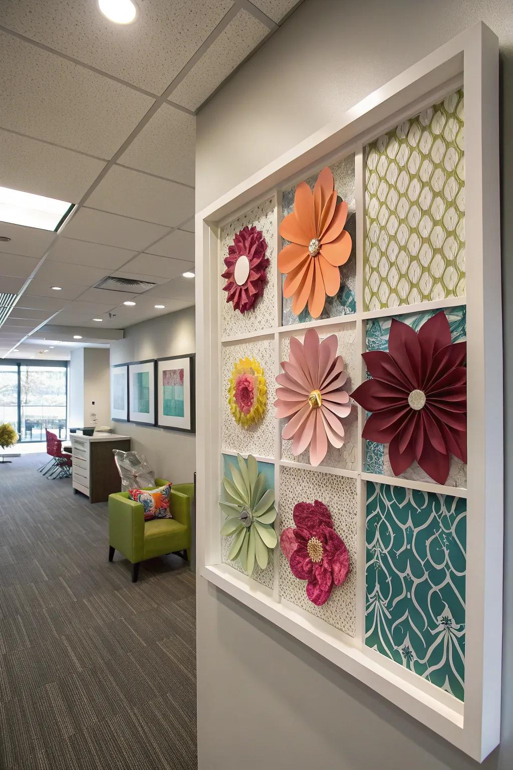 An angular shadow box offers a modern artistic touch.