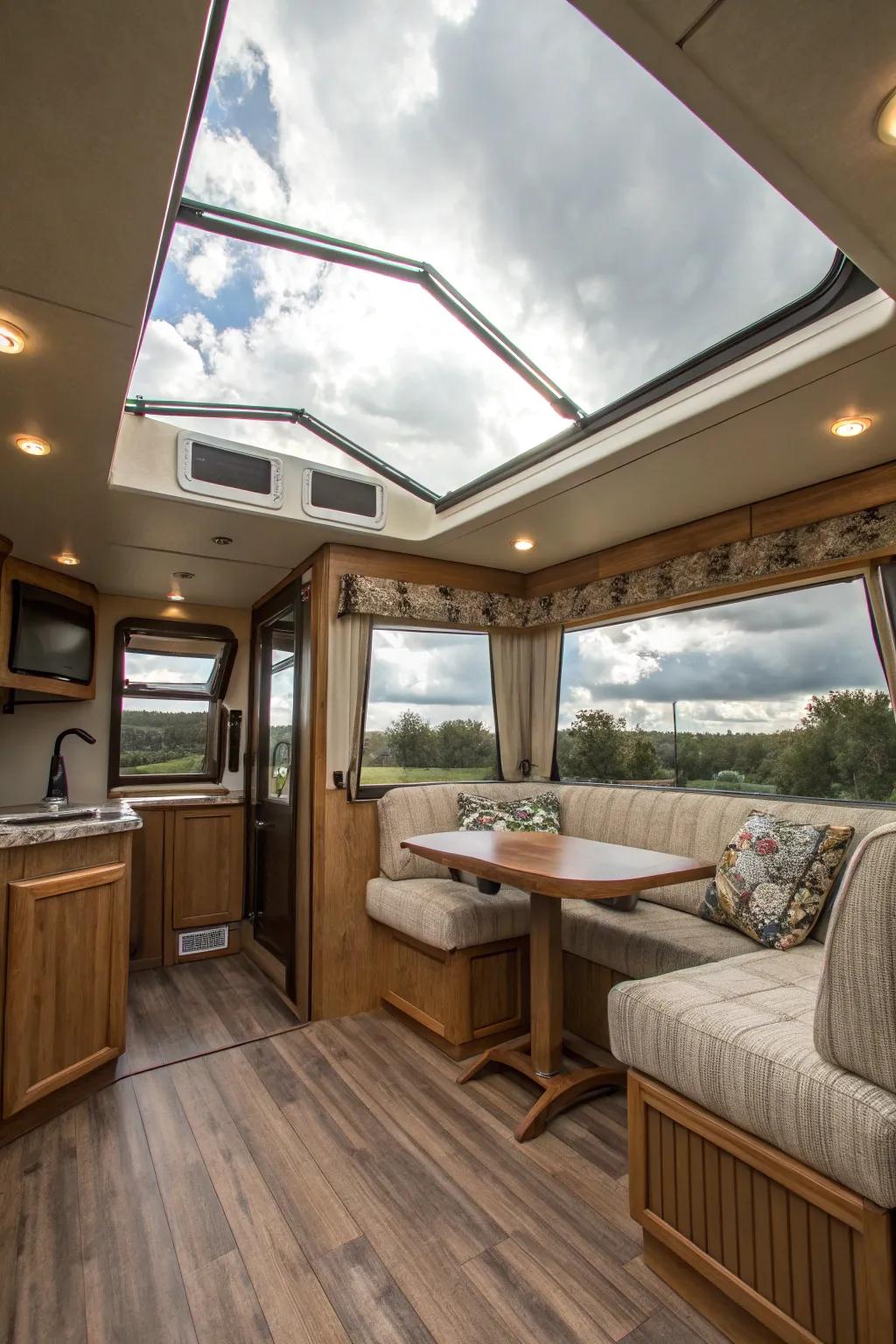 Overhead windows bring in daylight and offer a view of the night sky.