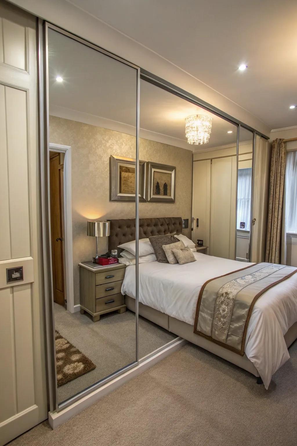 Mirrored dividers create the illusion of space.