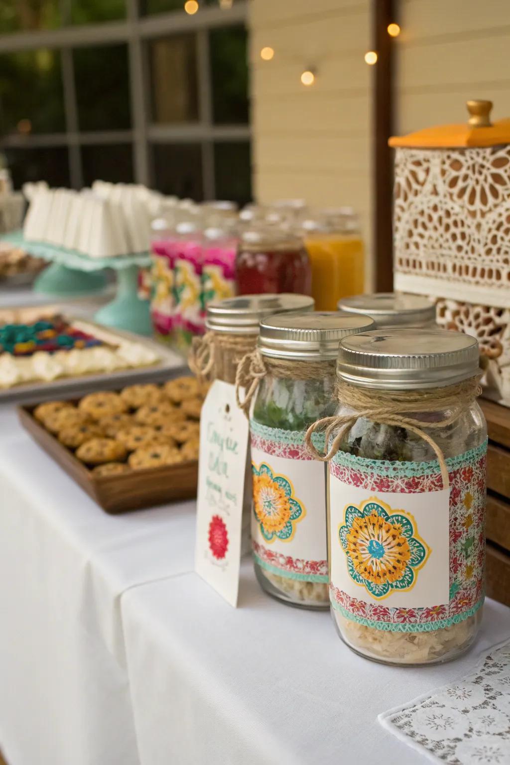 DIY party presents featuring bespoke labels and hand-painted containers.