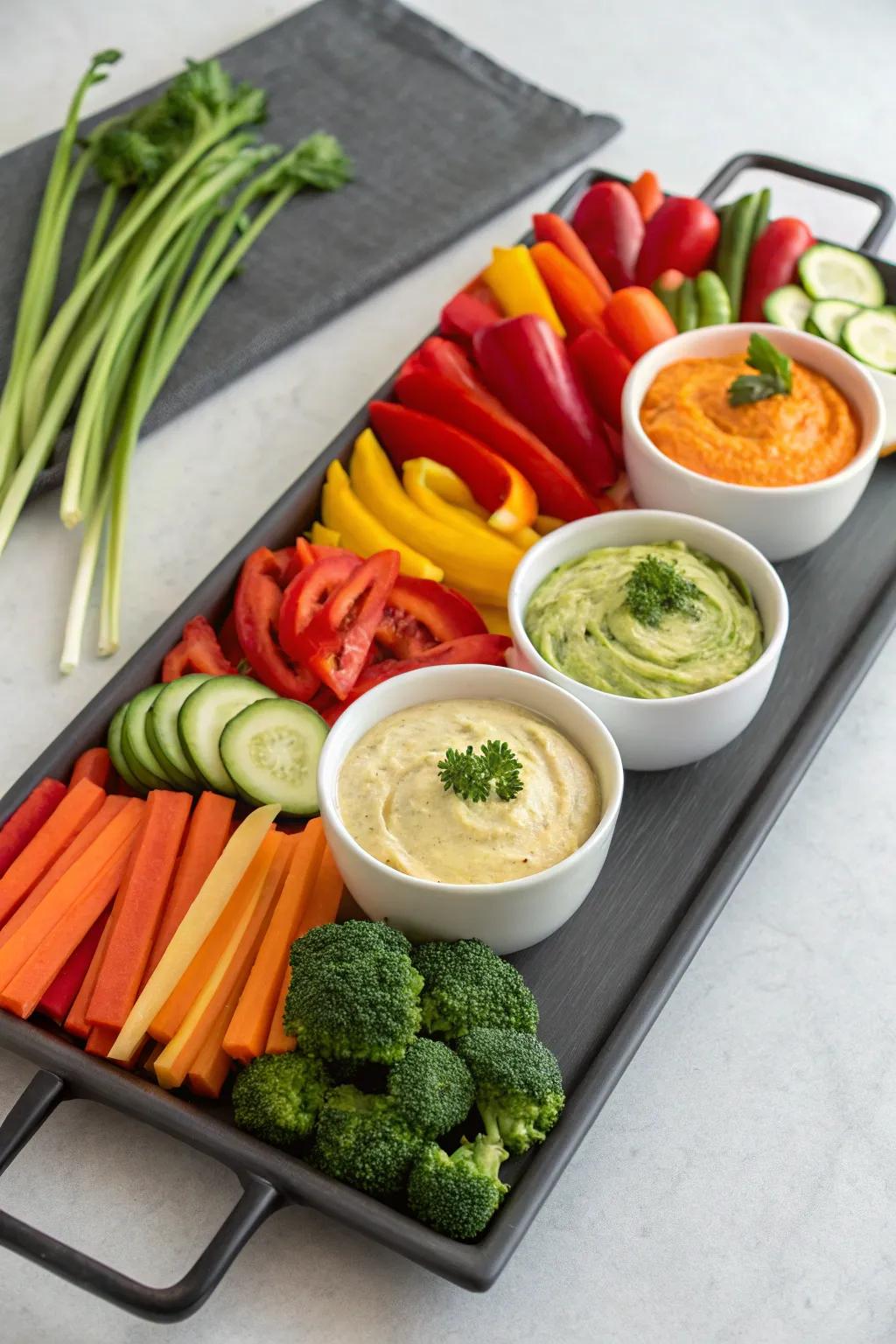 An eye-catching raw vegetable arrangement that elevates vegetable snacking.