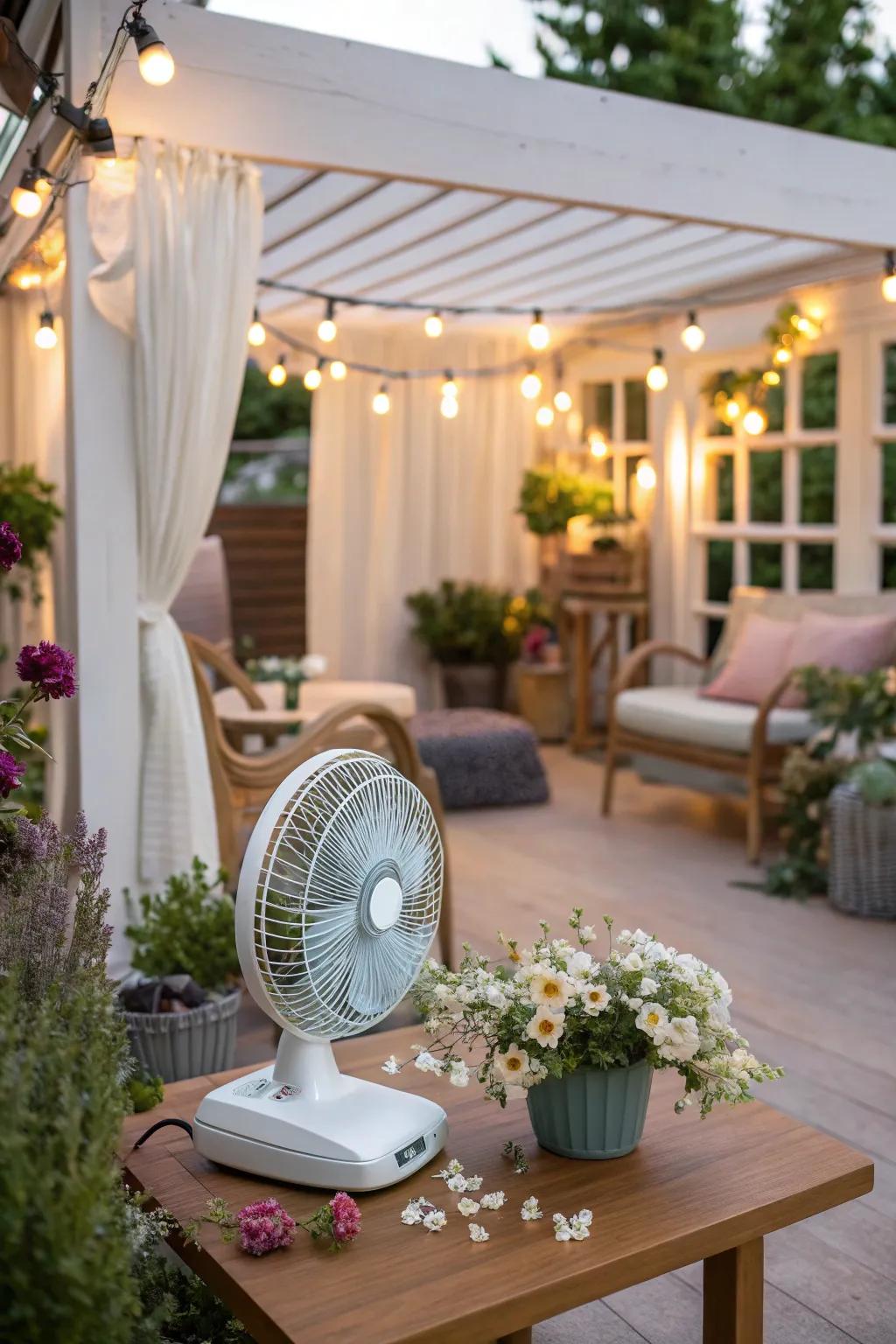 A chic deck with a portable table fan for versatile cooling.