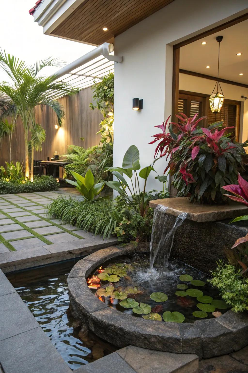 Enhance relaxation with a water feature and floating plants.