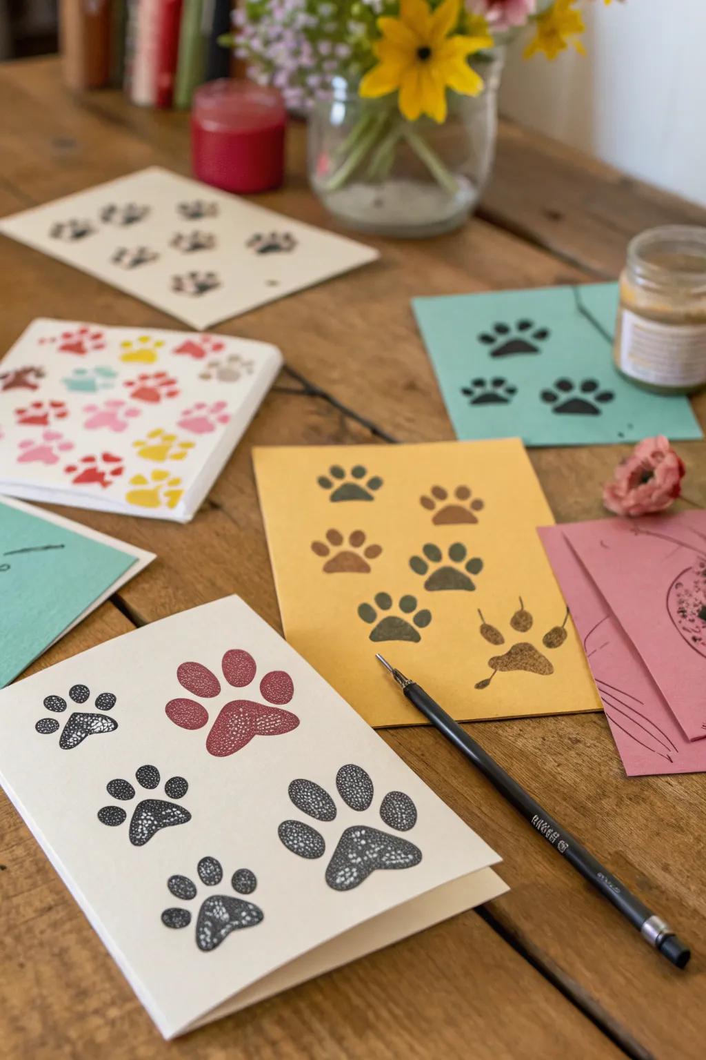 Handmade greeting cards showing paw print designs.