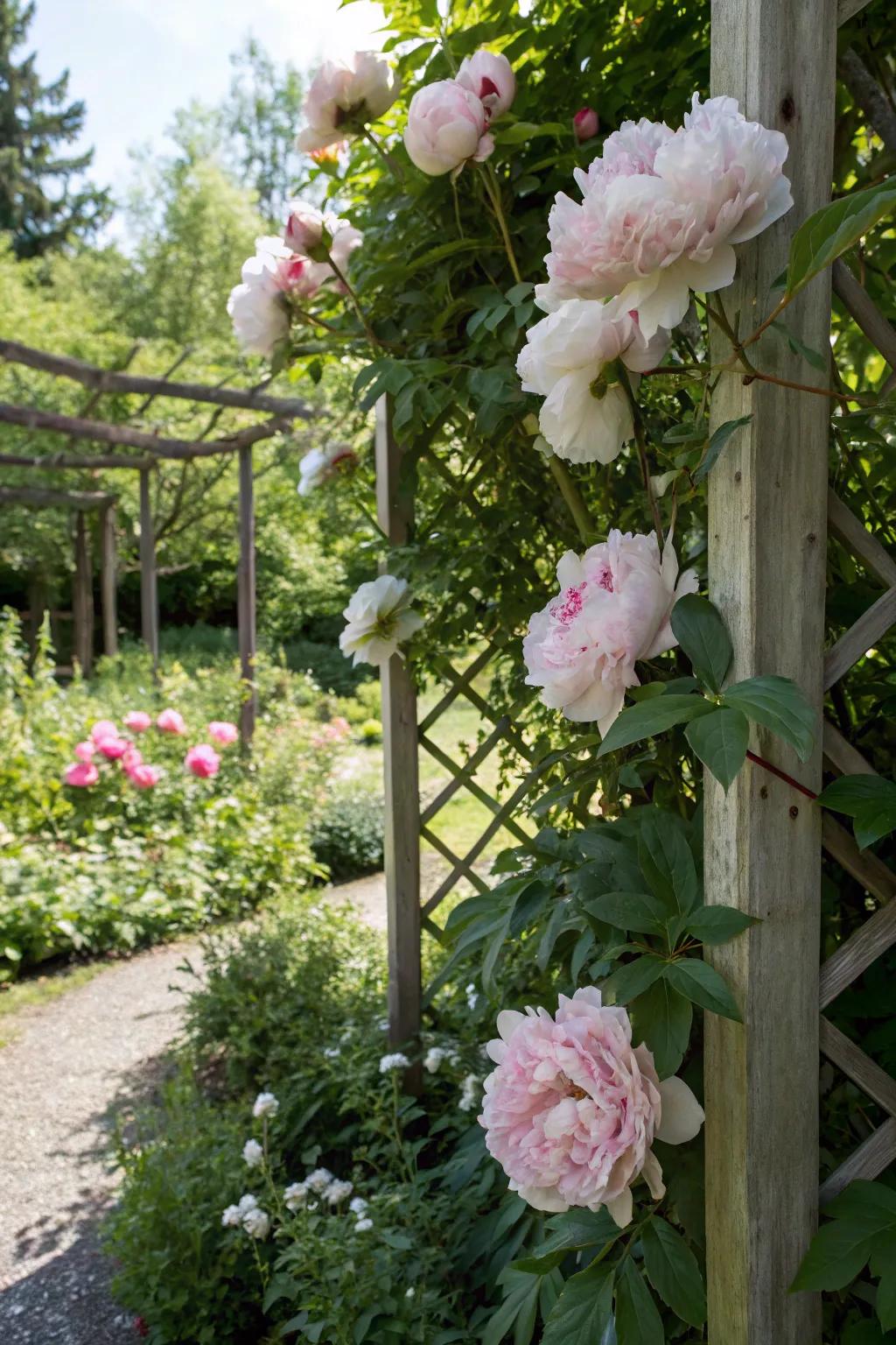 Trellises adding height and whimsy to a peony garden.