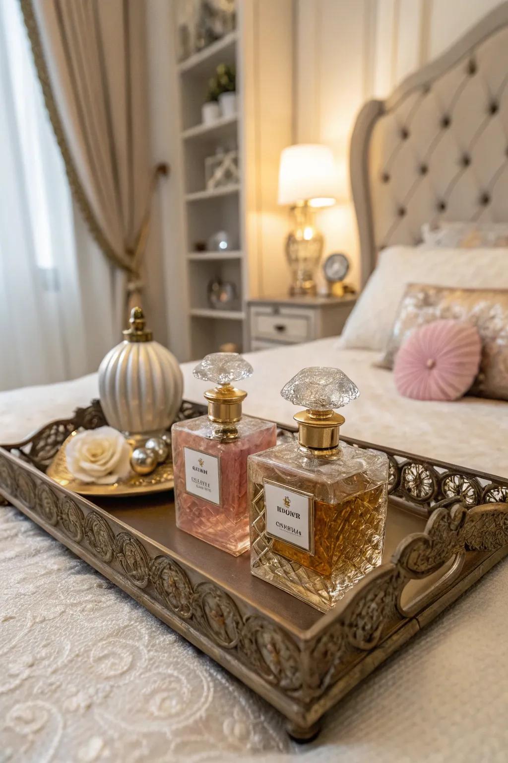 Vintage vanity trays offering a classic and nostalgic display for perfumes.