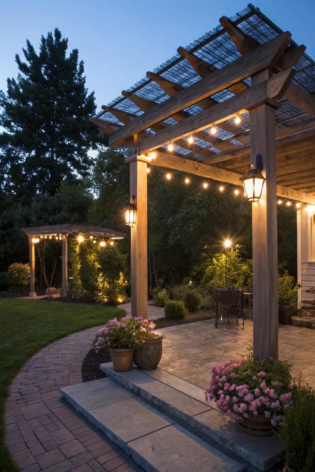 Solar-powered lights provide sustainable evening charm.