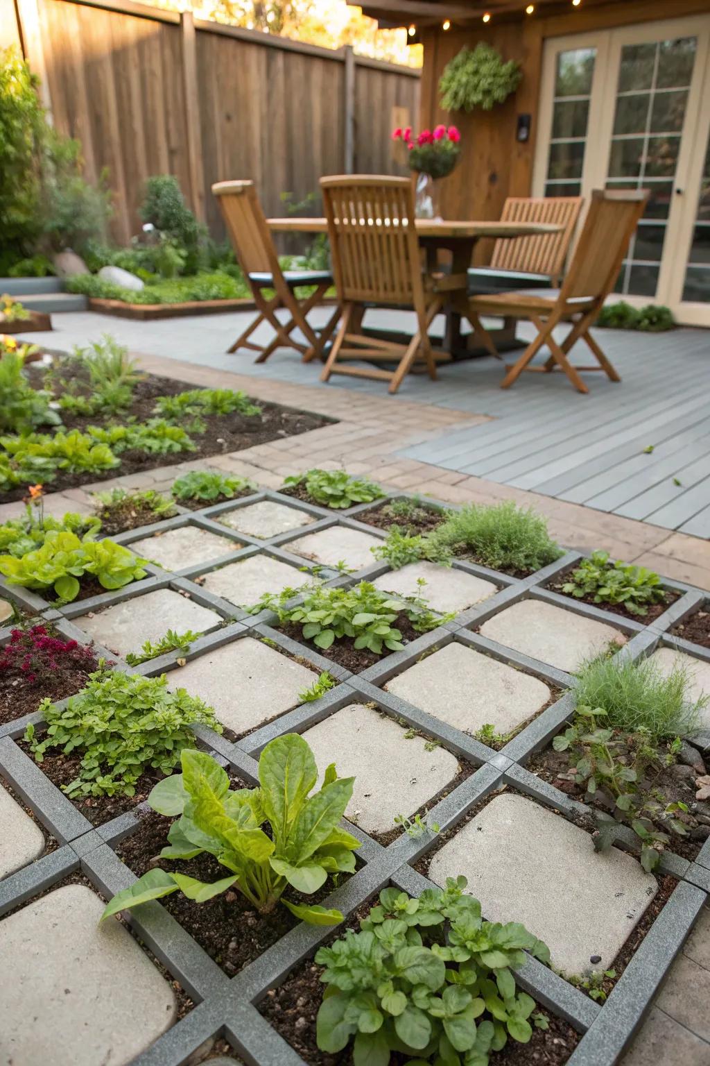 Ground reinforcement grids infuse structure and greenery into patios.