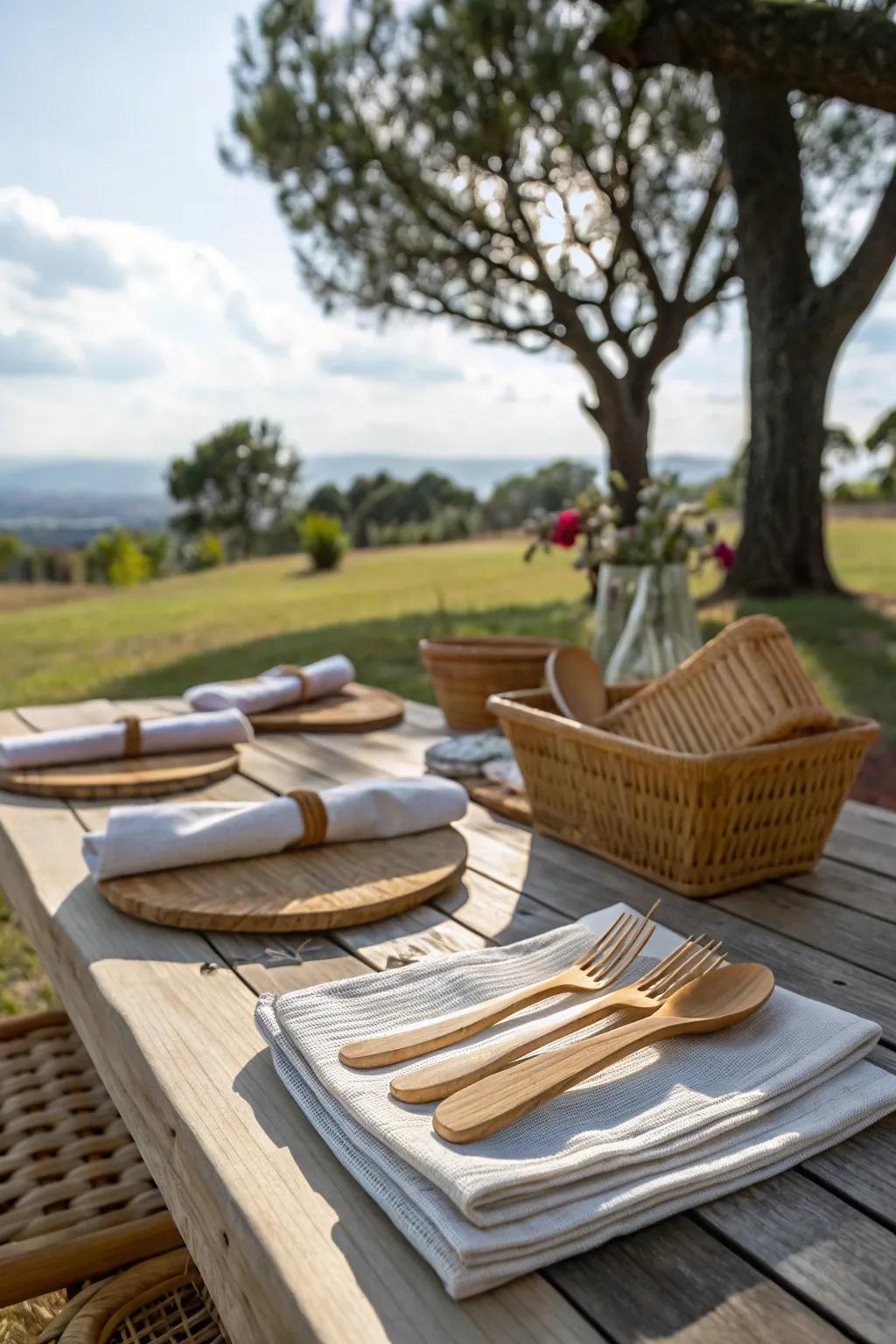 Natural resources like bamboo and linen offer eco-friendly elegance to this table.