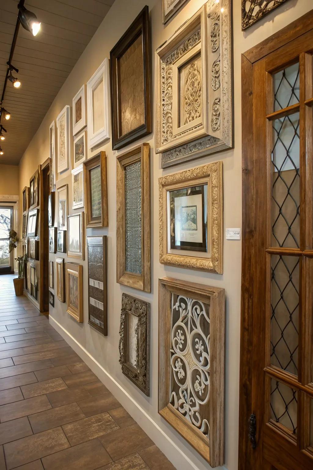 Mixed materials create a textured and layered visual on any wall.