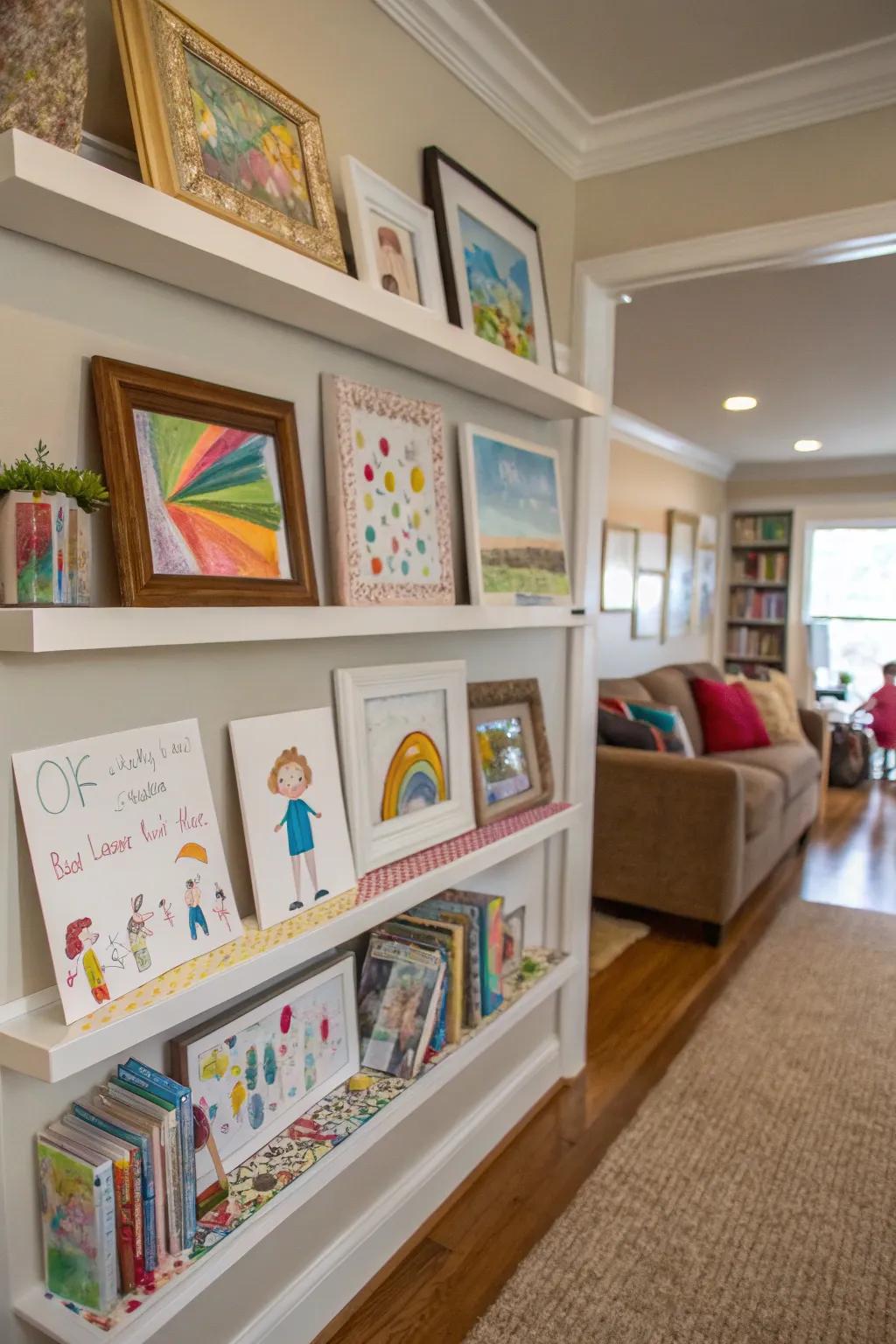 Picture shelves showcasing children's artwork.