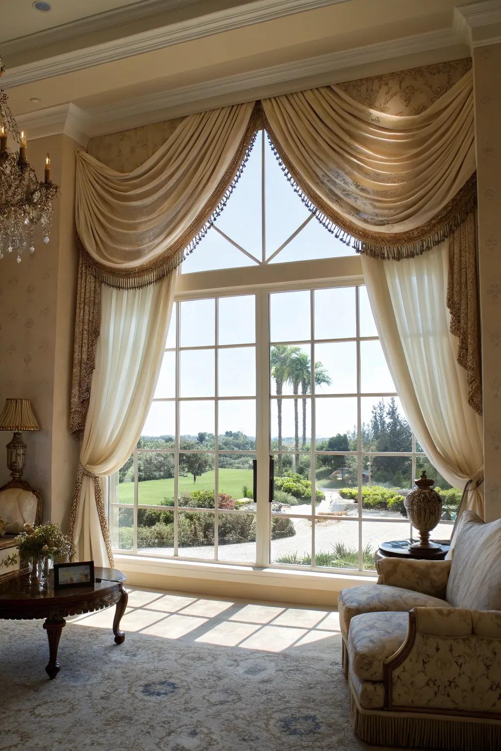 Elegant living room with a decorative valance adding flair to a picture window.