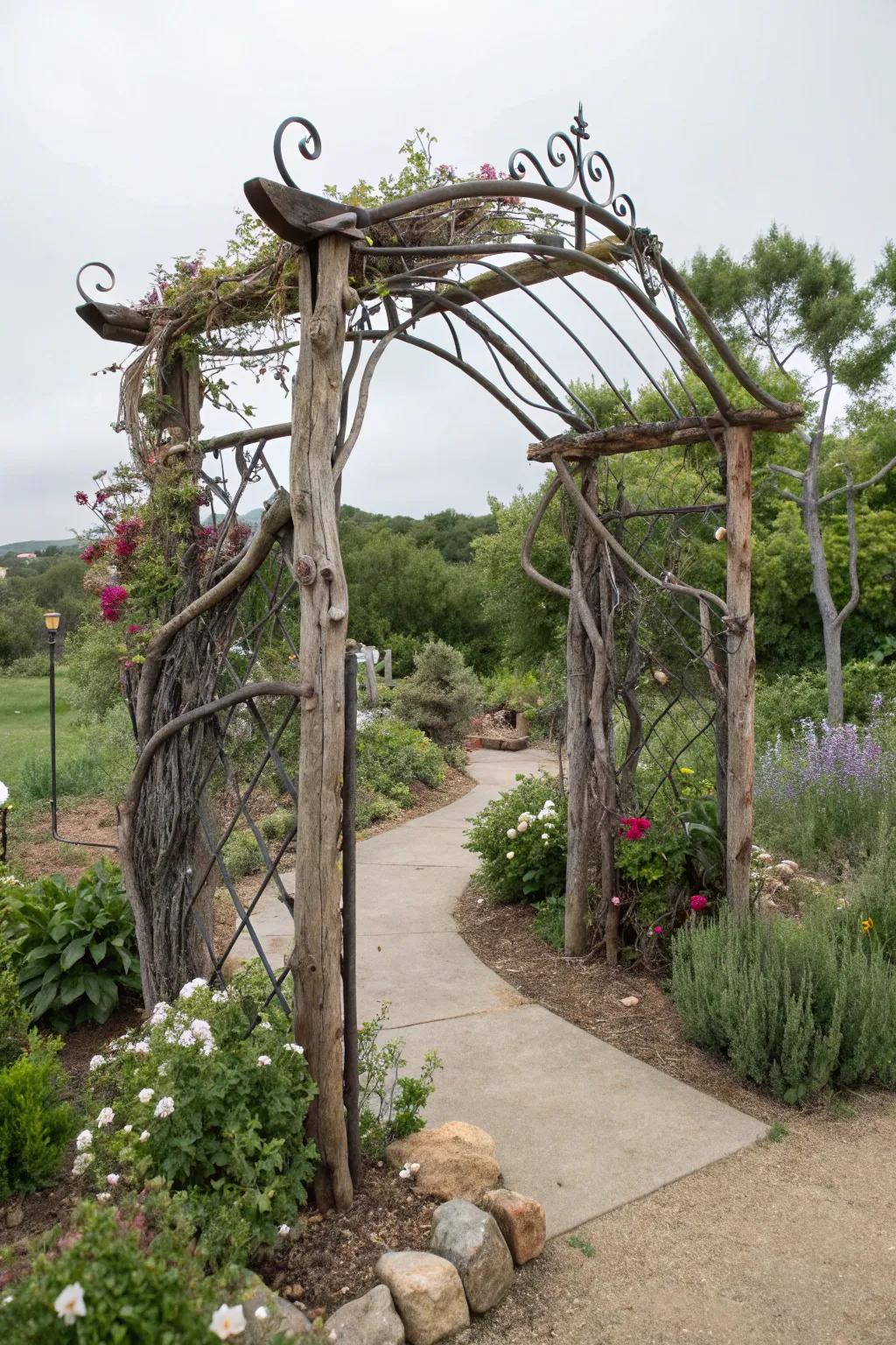 A varied arbor combines unexpected materials for a bold statement.