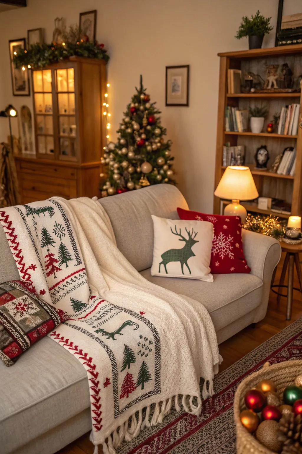 Throws coordinated with a specific theme, adding a festive element to the decor.