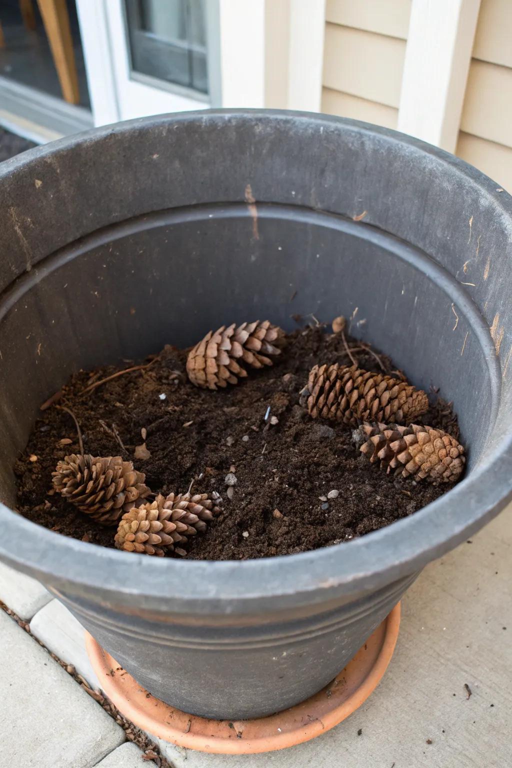 Pinecones assist in improving drainage and soil texture in planters.
