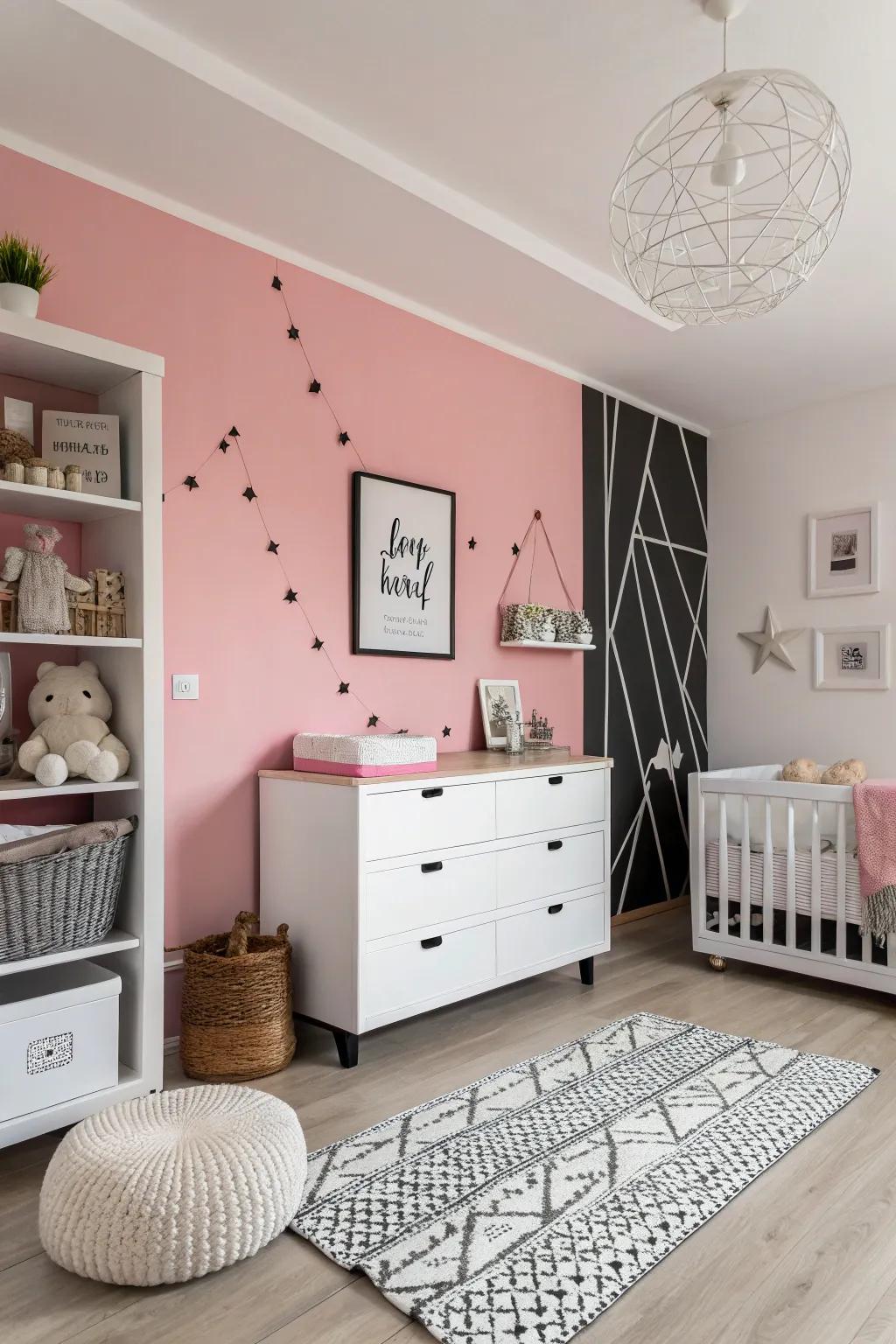 A modern nursery where pink meets monochrome for a balanced and sophisticated aesthetic.