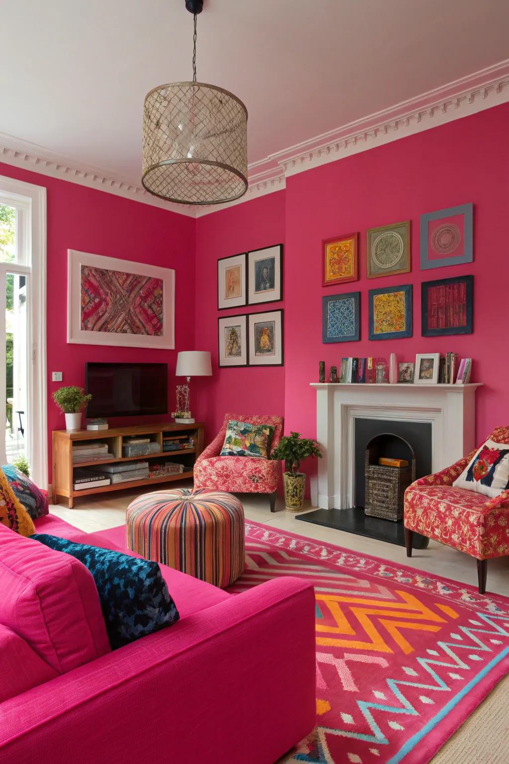 Hot pink energizes the room with a vibrant atmosphere.