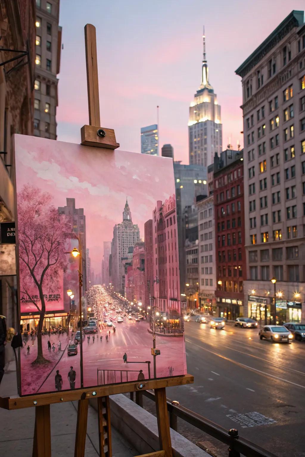 An energetic painting of a pink cityscape.