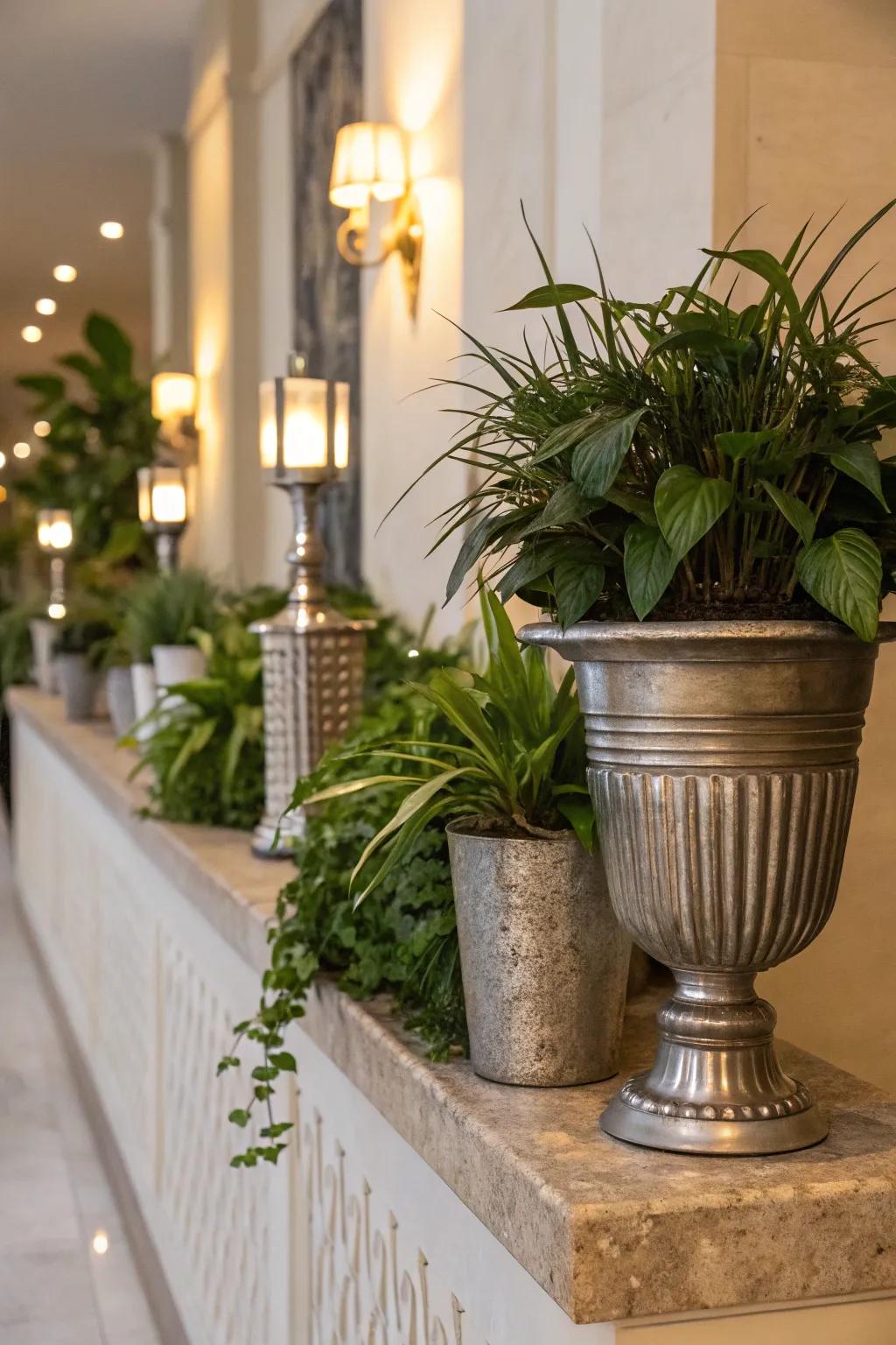Metal highlights contribute a trace of refinement to this plant ledge.