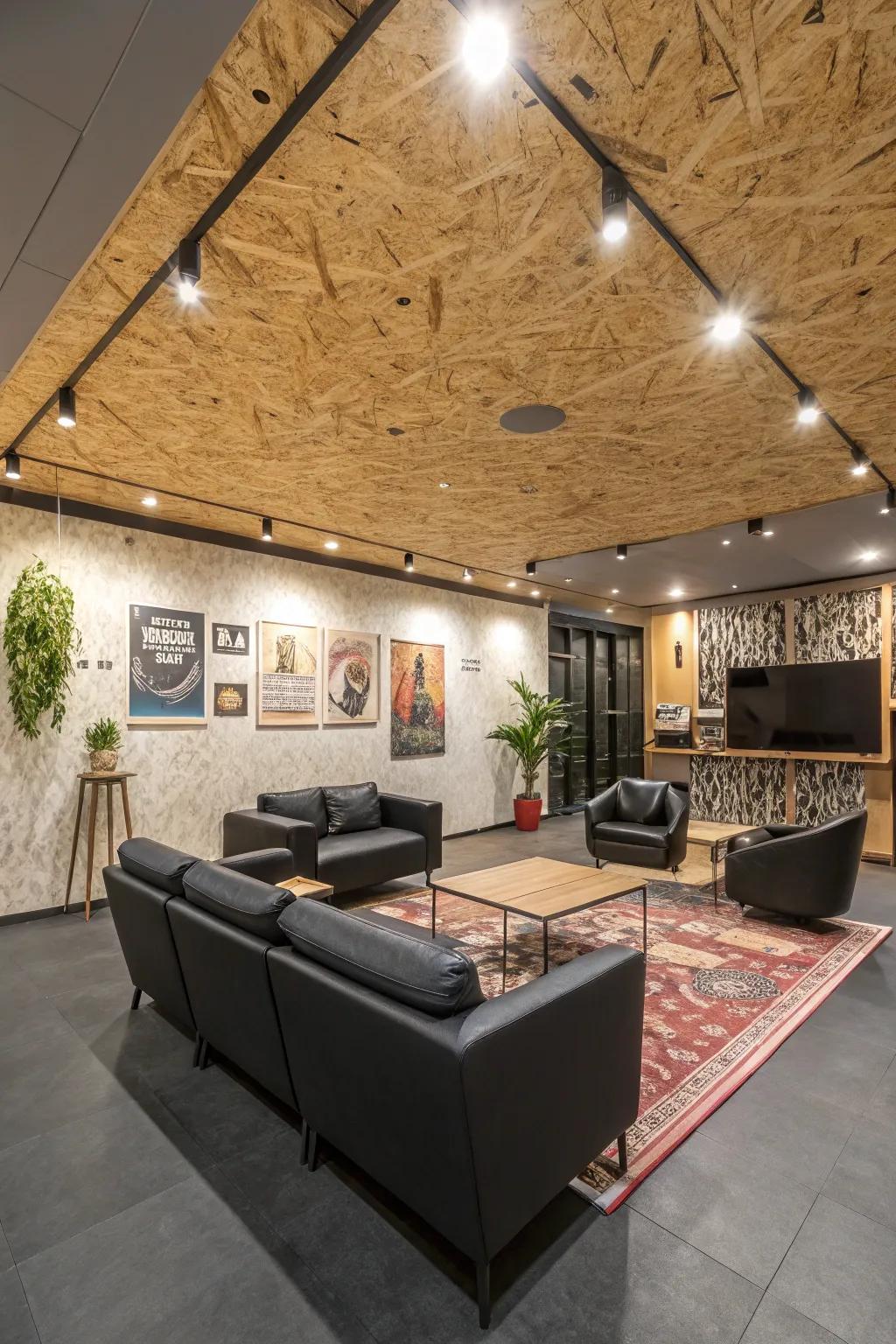 An artistic plywood ceiling that transforms the space into a conversation starter.
