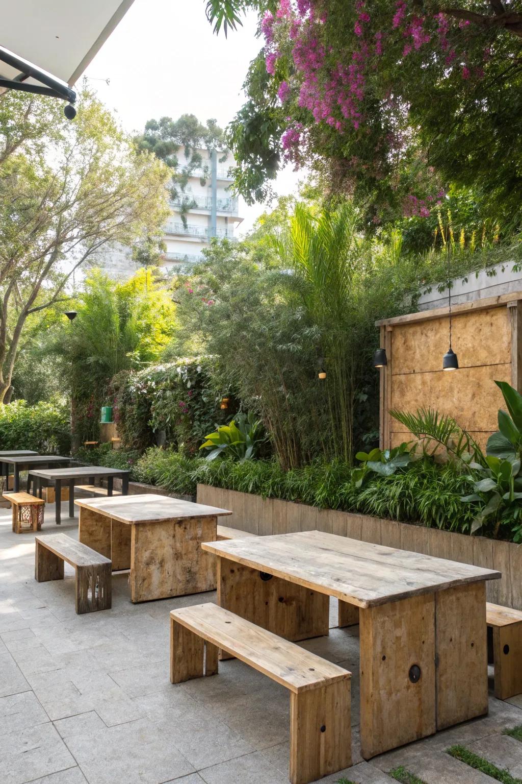 Laminated wood elements enhance this serene outdoor retreat.