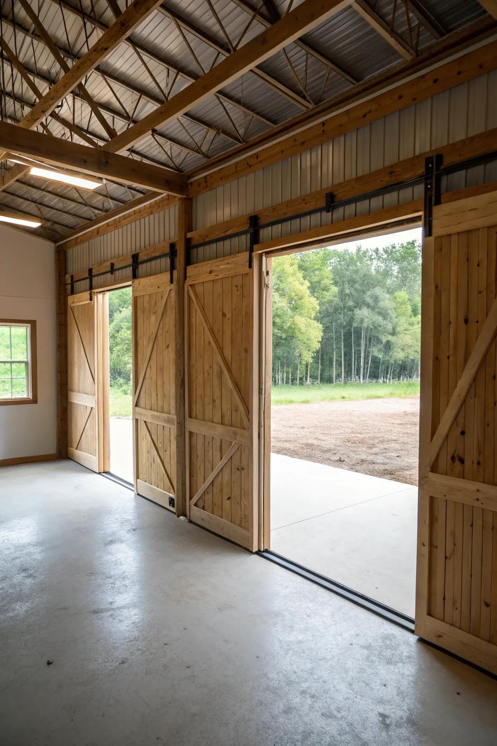 Mobile barn doors inside a pole barn employed as functional room separators.
