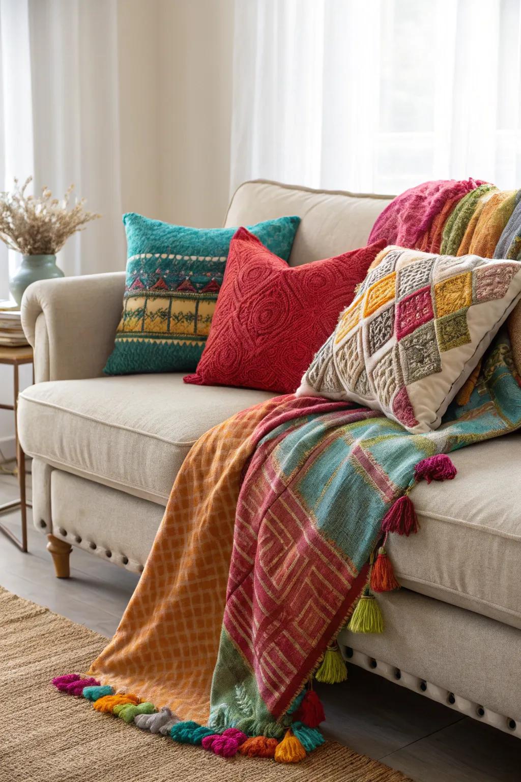 Bright textiles inject energy and vibrancy.