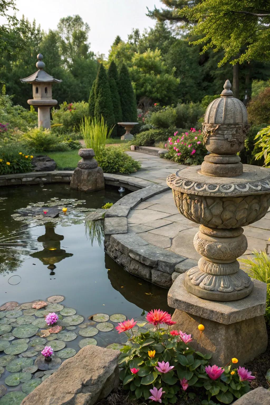 A decorative pond embellished with stone figures and accents.