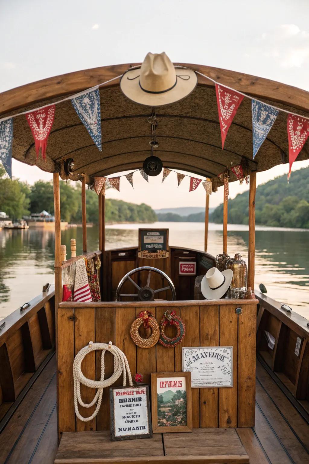 Wild West-themed pontoon ready for a cowboy adventure.