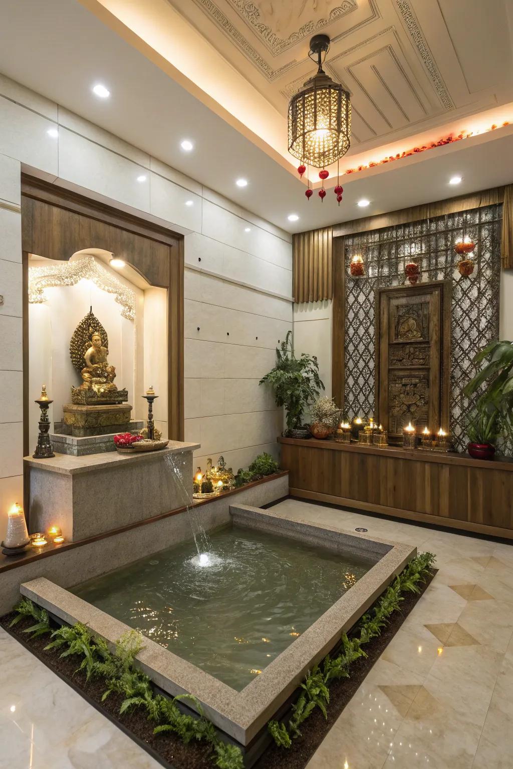 A small water fountain introduces a soothing soundscape to the pooja room.