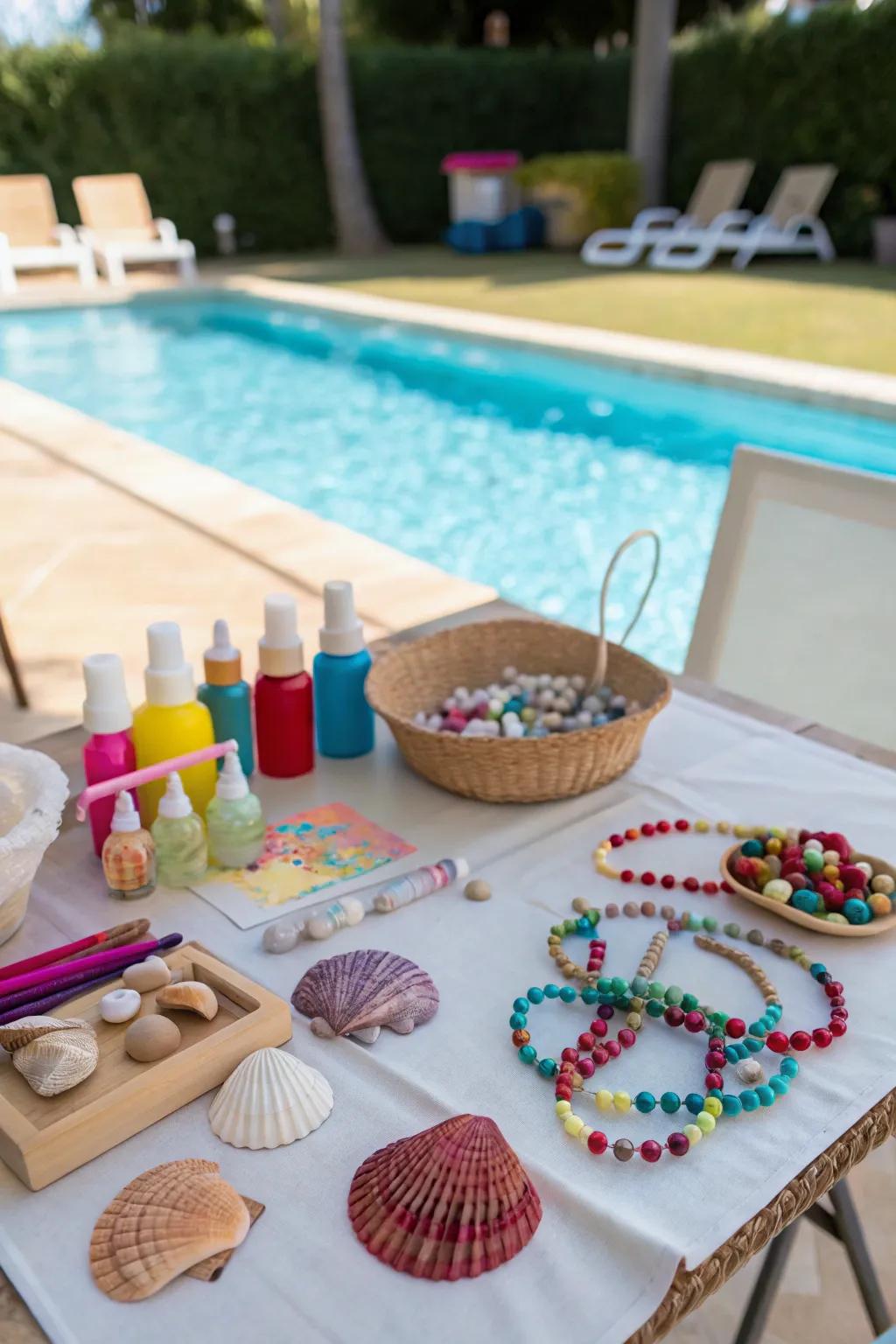 A seashell crafting enclave delivers creative amusement for attendees.