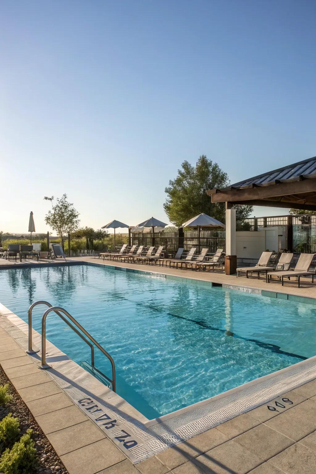 Wide coping provides an ideal spot for poolside relaxation.