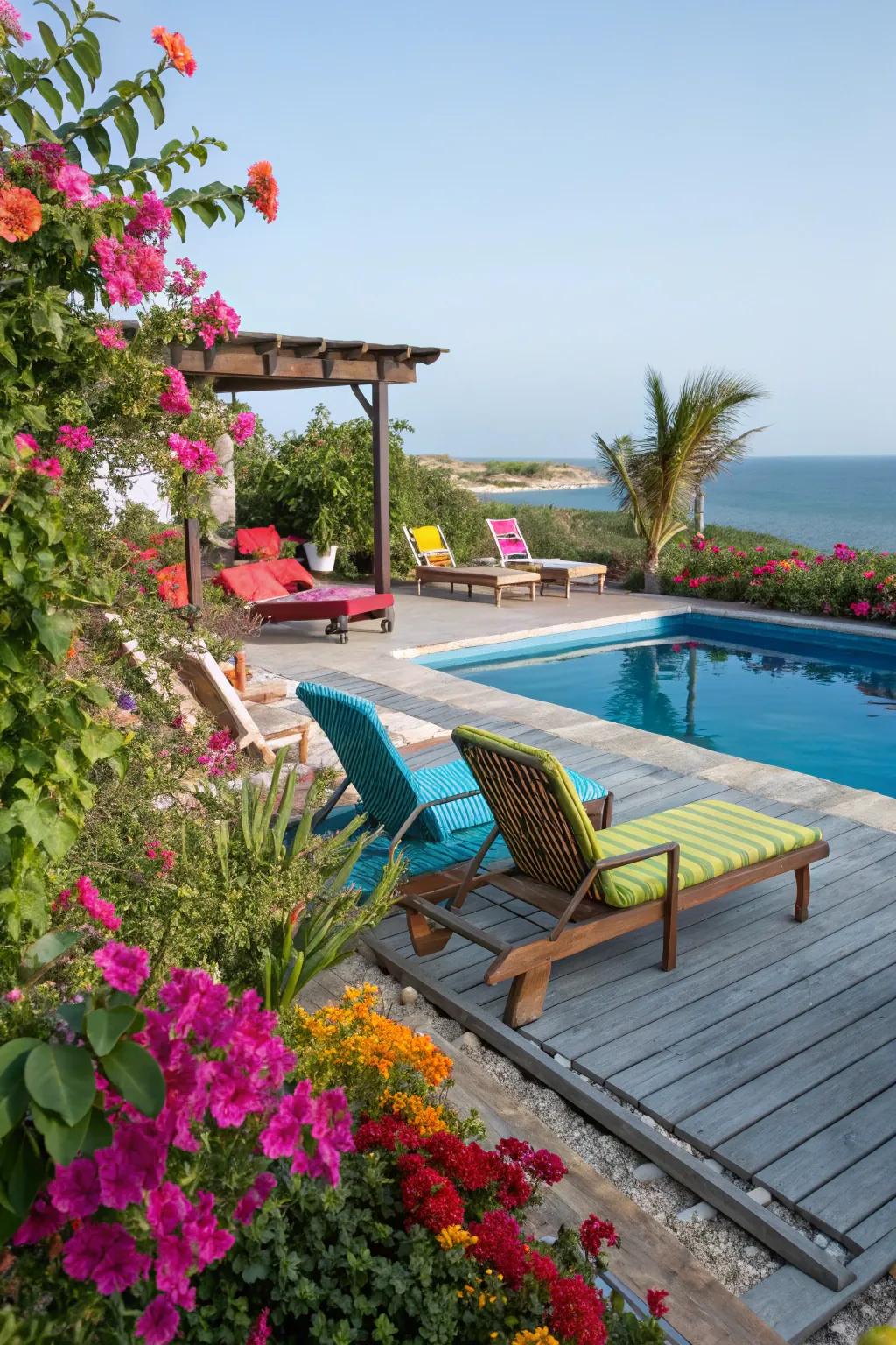 Colorful touches bring energy and vibrancy to poolside spots.
