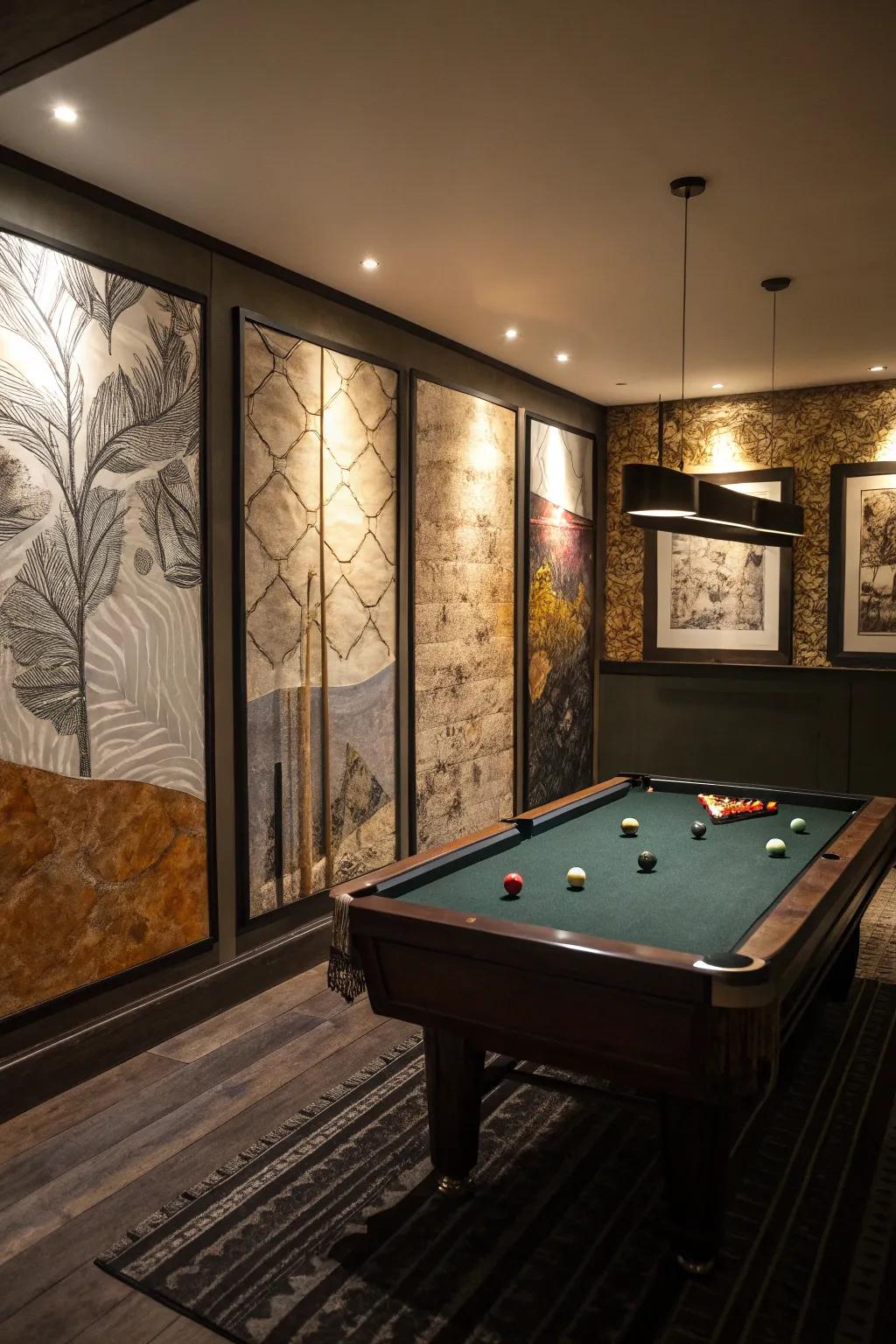 Artistic wall structures contribute depth and style to a smaller billiard table space.
