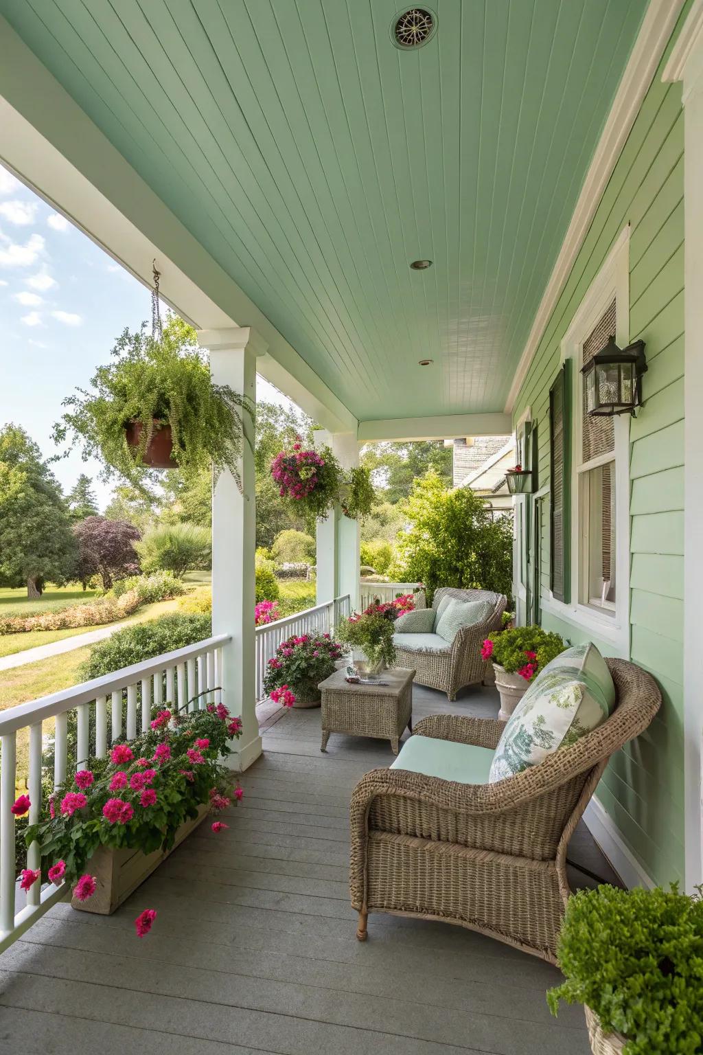 A mint green porch offering a refreshing and lively atmosphere.