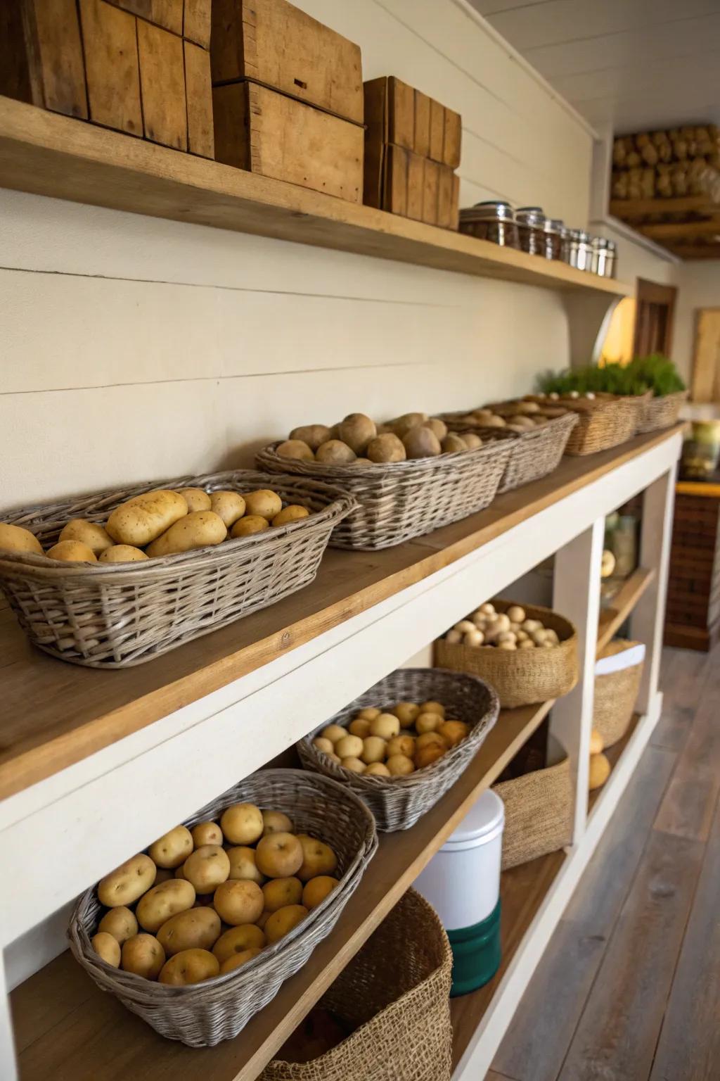 Chic baskets make an organized and stylish potato display.
