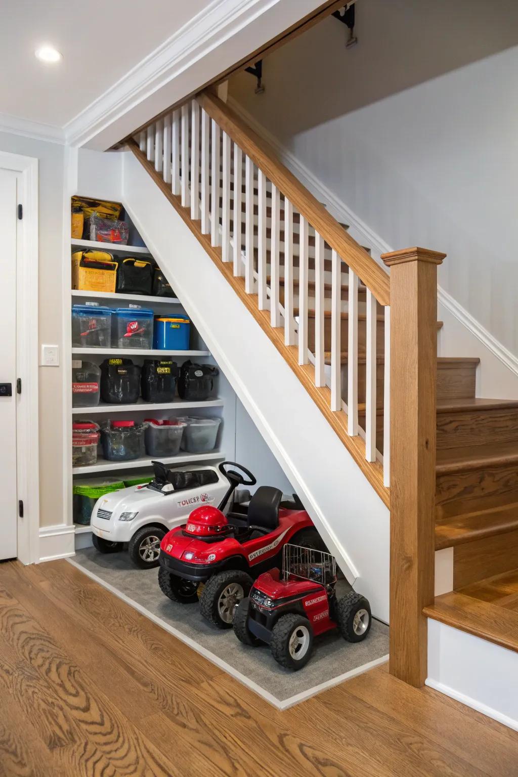 Under-stair storage cleverly hiding electric ride-ons.